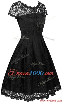 Exceptional Scalloped Black Zipper Homecoming Dresses Lace Short Sleeves Knee Length