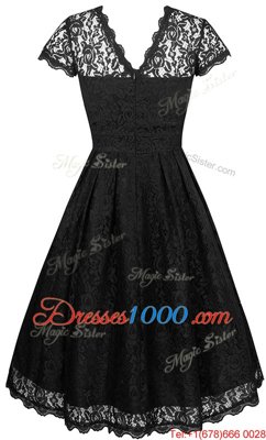 Exceptional Scalloped Black Zipper Homecoming Dresses Lace Short Sleeves Knee Length