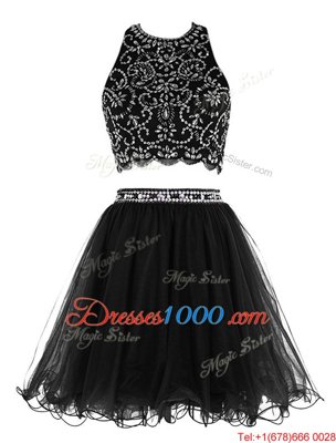 Scoop Mini Length Clasp Handle Cocktail Dress Black and In for Prom and Party with Beading