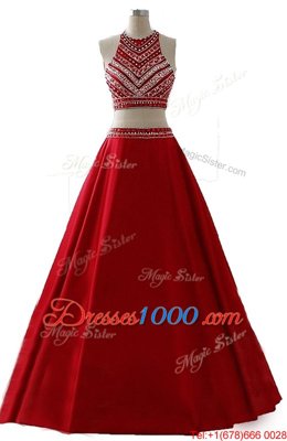 Wine Red A-line Scoop Sleeveless Chiffon Floor Length Zipper Beading Prom Evening Gown