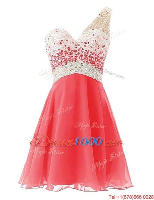 One Shoulder Sleeveless Prom Party Dress Knee Length Beading Watermelon Red Chiffon