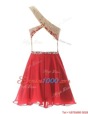 One Shoulder Sleeveless Prom Party Dress Knee Length Beading Watermelon Red Chiffon