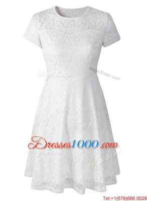 Glittering Empire Prom Gown White Scoop Organza Short Sleeves Tea Length Side Zipper