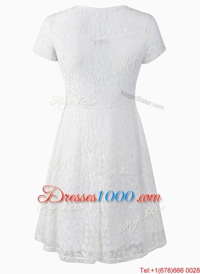 Glittering Empire Prom Gown White Scoop Organza Short Sleeves Tea Length Side Zipper