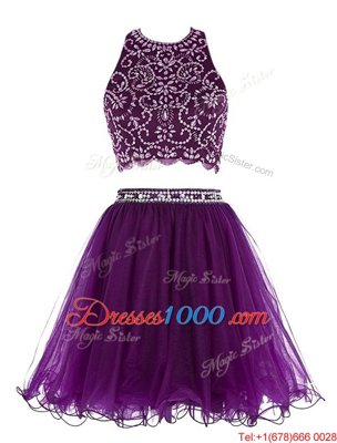 Scoop Sleeveless Mini Length Beading Clasp Handle Dress for Prom with Purple