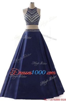 Chiffon Scoop Sleeveless Zipper Beading Prom Dresses in Navy Blue