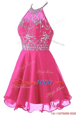 Halter Top Hot Pink Sleeveless Mini Length Beading Zipper