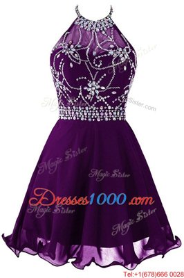 Fashionable A-line Evening Dress Purple Halter Top Organza Sleeveless Mini Length Zipper