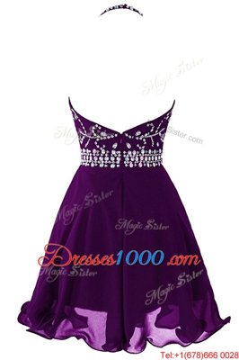 Fashionable A-line Evening Dress Purple Halter Top Organza Sleeveless Mini Length Zipper