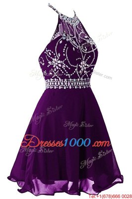 Fashionable A-line Evening Dress Purple Halter Top Organza Sleeveless Mini Length Zipper