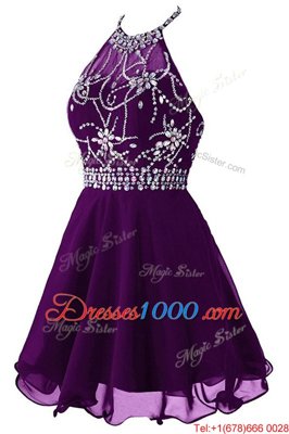 Fashionable A-line Evening Dress Purple Halter Top Organza Sleeveless Mini Length Zipper