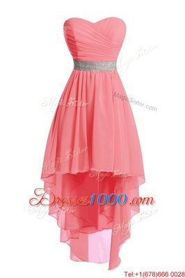 Elegant Watermelon Red Organza Lace Up Dress for Prom Sleeveless High Low Belt