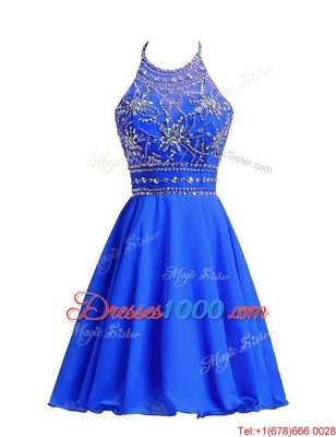 Royal Blue A-line Chiffon Halter Top Sleeveless Beading Knee Length Zipper Prom Evening Gown