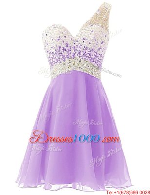 Affordable One Shoulder Sleeveless Chiffon Knee Length Criss Cross Prom Dresses in Lavender for with Beading