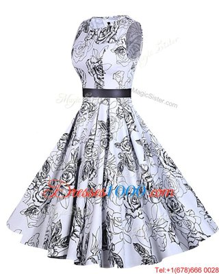 Scoop Sashes|ribbons and Pattern Prom Dress White And Black Zipper Sleeveless Knee Length