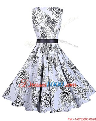 Scoop Sashes|ribbons and Pattern Prom Dress White And Black Zipper Sleeveless Knee Length