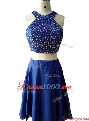 On Sale Scoop Sleeveless Zipper Womens Evening Dresses Blue Chiffon