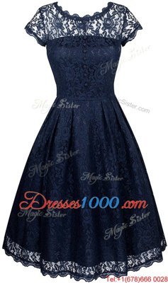 Scalloped Tea Length Empire Short Sleeves Navy Blue Prom Evening Gown Zipper