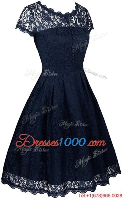 Scalloped Tea Length Empire Short Sleeves Navy Blue Prom Evening Gown Zipper