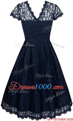 Scalloped Tea Length Empire Short Sleeves Navy Blue Prom Evening Gown Zipper