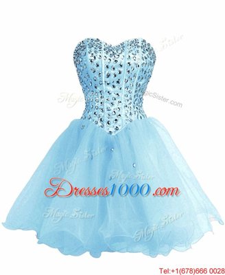 High Class Baby Blue Organza Lace Up Womens Party Dresses Sleeveless Mini Length Beading