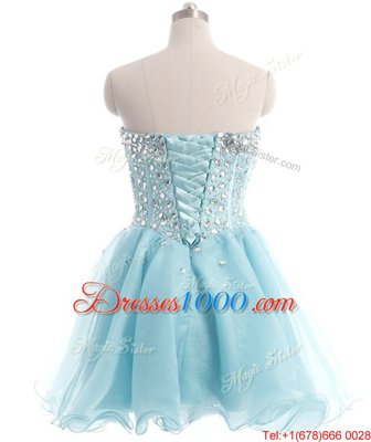 High Class Baby Blue Organza Lace Up Womens Party Dresses Sleeveless Mini Length Beading