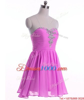 Modern Lilac A-line Sweetheart Sleeveless Organza Mini Length Lace Up Beading and Ruching Evening Dress