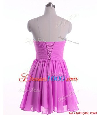 Modern Lilac A-line Sweetheart Sleeveless Organza Mini Length Lace Up Beading and Ruching Evening Dress