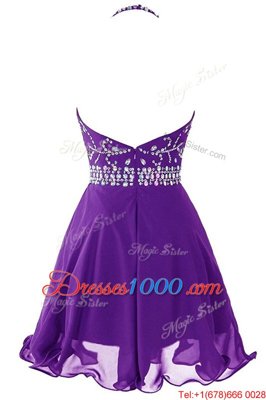 Halter Top Sleeveless Organza Mini Length Zipper Evening Dress in Purple for with Beading