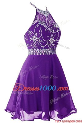 Halter Top Sleeveless Organza Mini Length Zipper Evening Dress in Purple for with Beading