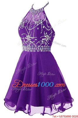 Halter Top Sleeveless Organza Mini Length Zipper Evening Dress in Purple for with Beading