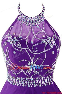 Halter Top Sleeveless Organza Mini Length Zipper Evening Dress in Purple for with Beading