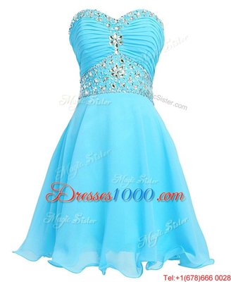 Sweetheart Sleeveless Evening Dress Mini Length Beading and Belt Aqua Blue Organza