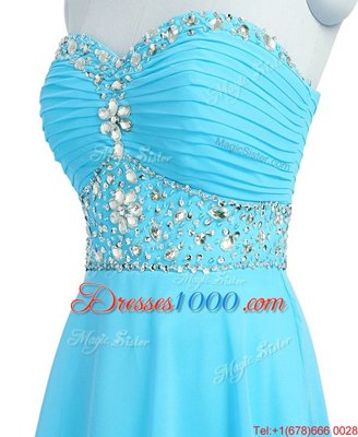 Sweetheart Sleeveless Evening Dress Mini Length Beading and Belt Aqua Blue Organza