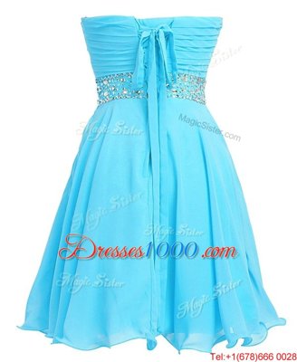 Sweetheart Sleeveless Evening Dress Mini Length Beading and Belt Aqua Blue Organza