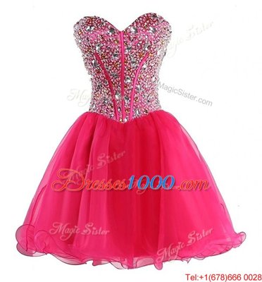 Hot Pink Lace Up Sweetheart Beading Prom Party Dress Organza Sleeveless
