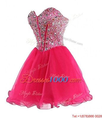 Hot Pink Lace Up Sweetheart Beading Prom Party Dress Organza Sleeveless