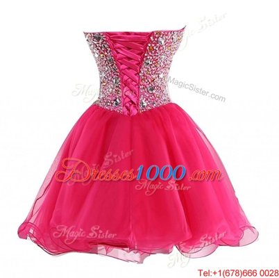 Hot Pink Lace Up Sweetheart Beading Prom Party Dress Organza Sleeveless