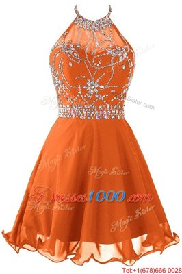 Fitting Halter Top Orange Sleeveless Beading Mini Length Homecoming Dress