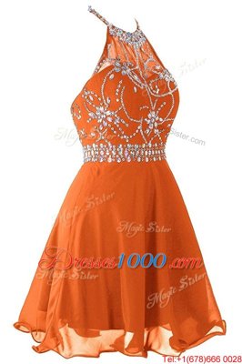 Fitting Halter Top Orange Sleeveless Beading Mini Length Homecoming Dress