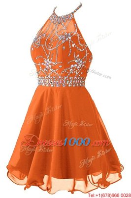 Fitting Halter Top Orange Sleeveless Beading Mini Length Homecoming Dress