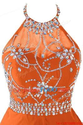 Fitting Halter Top Orange Sleeveless Beading Mini Length Homecoming Dress