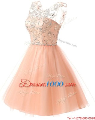 Ideal Knee Length Peach Prom Evening Gown Scoop Sleeveless Zipper