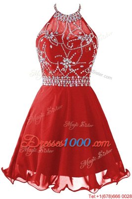 Glittering Organza Halter Top Sleeveless Zipper Beading Prom Dresses in Red