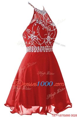 Glittering Organza Halter Top Sleeveless Zipper Beading Prom Dresses in Red