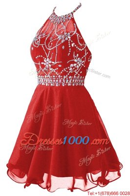 Glittering Organza Halter Top Sleeveless Zipper Beading Prom Dresses in Red