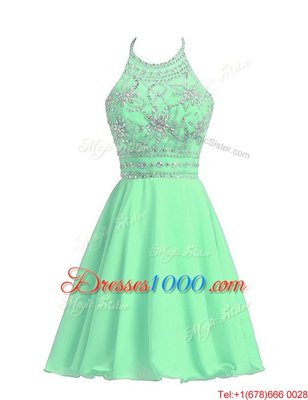 Halter Top Sleeveless Prom Party Dress Knee Length Beading Apple Green Chiffon