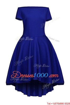 Bateau Short Sleeves Side Zipper Evening Dress Blue Satin