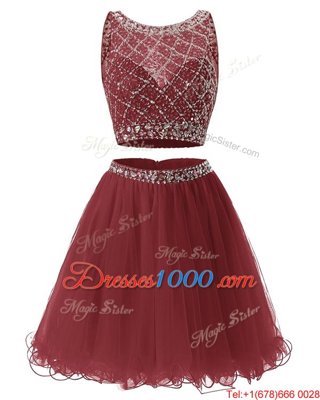 Burgundy Side Zipper Sweetheart Beading and Belt Prom Party Dress Organza Sleeveless