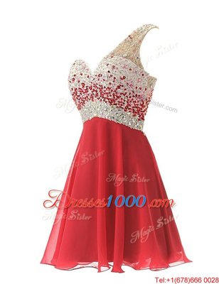 Custom Designed One Shoulder Red A-line Beading Going Out Dresses Criss Cross Chiffon Sleeveless Knee Length